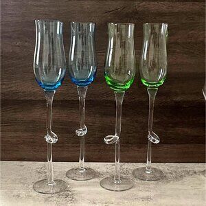 Hand Blown Studio Art Glass Four Twisted Stem Champagne Glasses Blue Green 12.5
